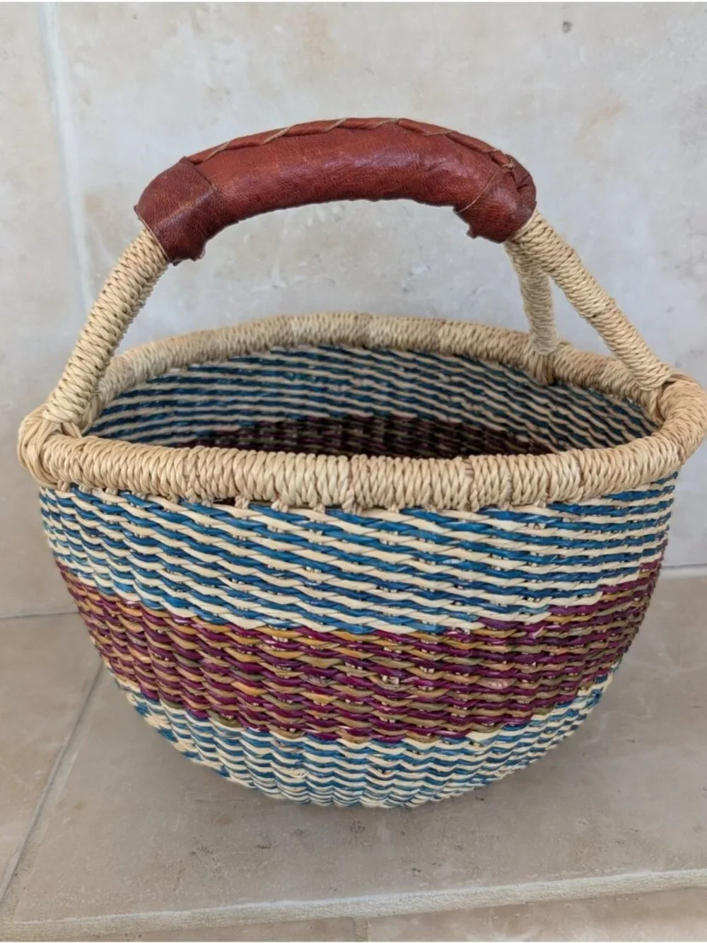 Unique Handwoven African Bolga Basket Leather Handle Multicolor